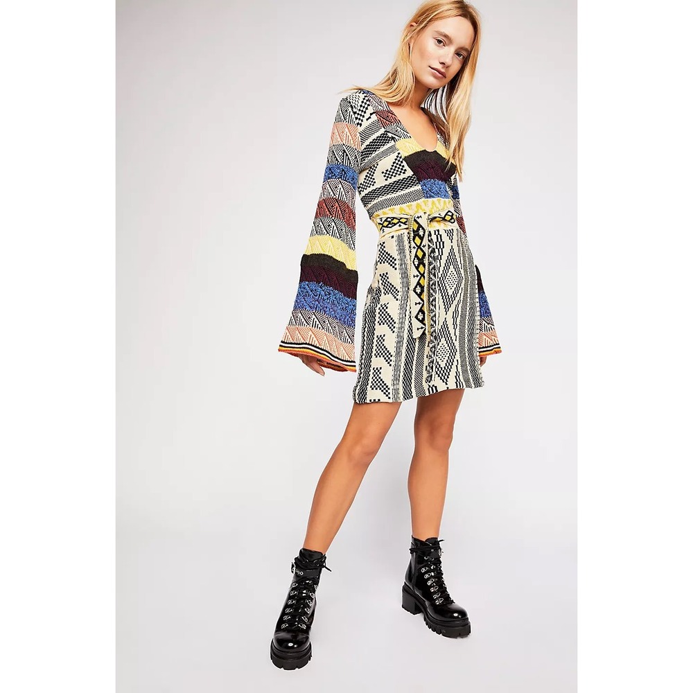 Free People Mixed Print Bell Sleeve Knit Mini Dress Boho Geometric Patchwork L